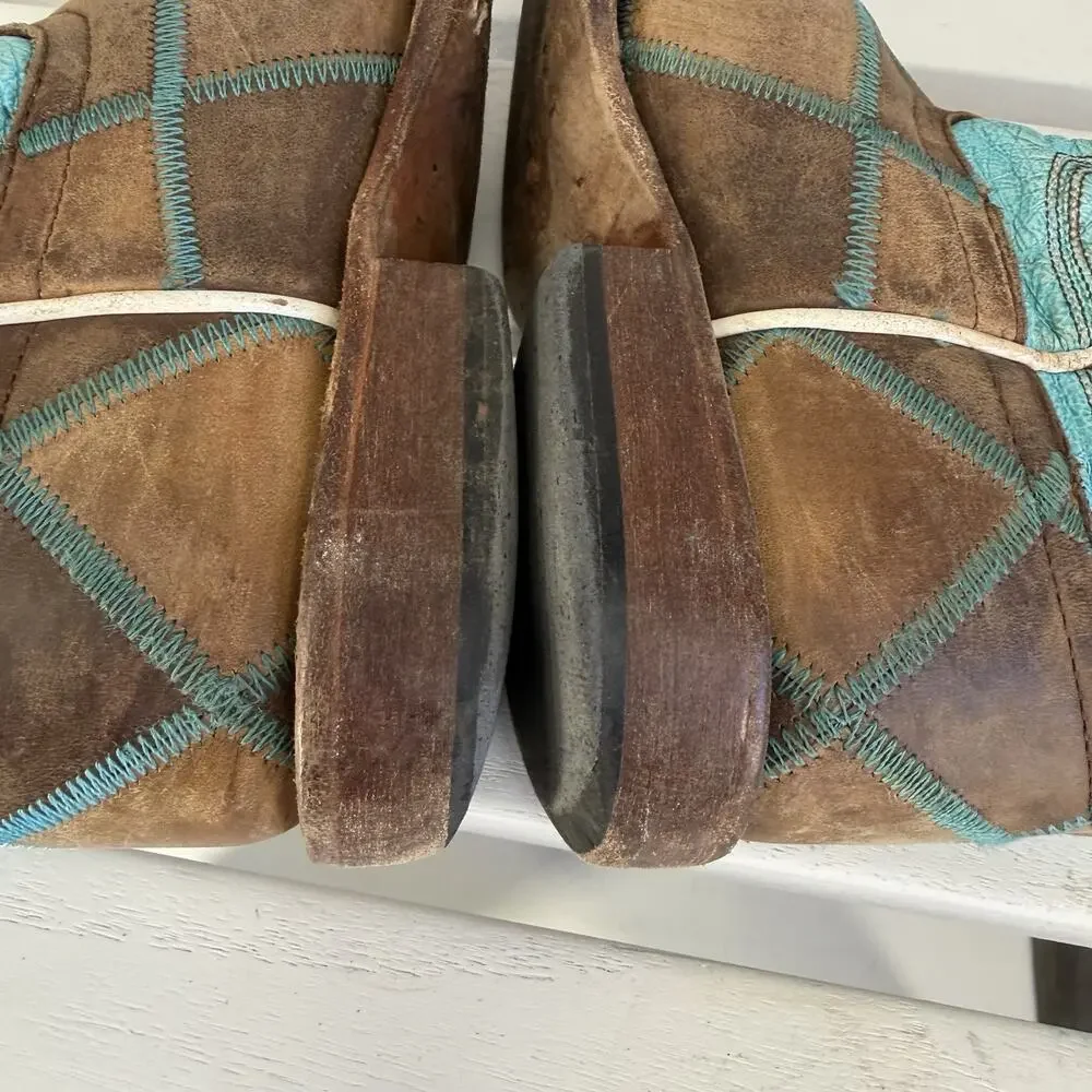 HP Western Boots Girls Size 1 Blue Brown Leather Embroidered Cowboy